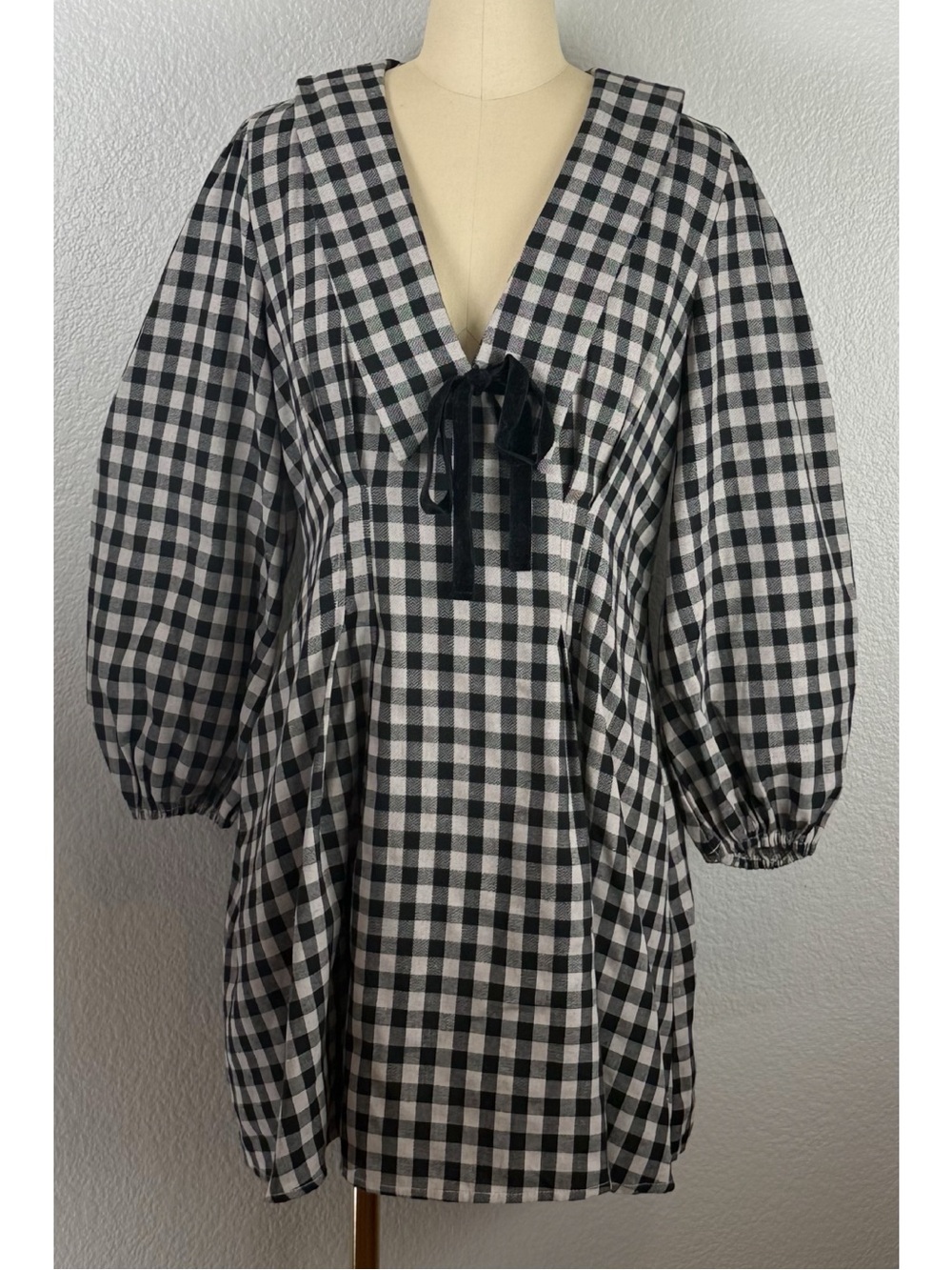 One Loved Babe Gingham Oversized V-Neck Peter Pan Collar Babydoll Mini Dress